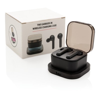 Auriculares promocionales inalámbricos en caja de carga inalámbrica